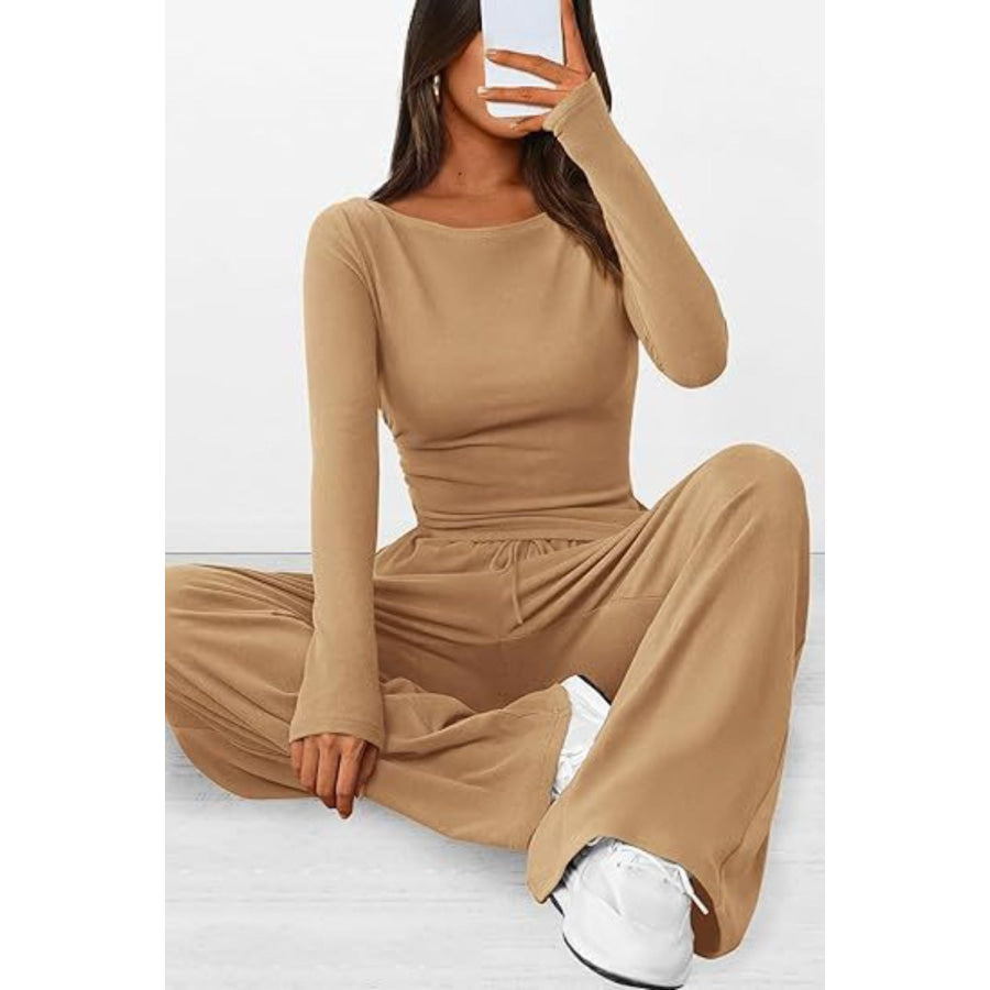 Round Neck Long Sleeve Top and Pants Set Camel / XS Apparel and Accessories