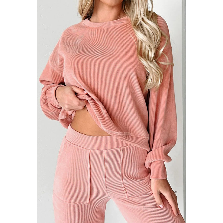 Round Neck Long Sleeve Top and Pants Set Coral / S Apparel and Accessories