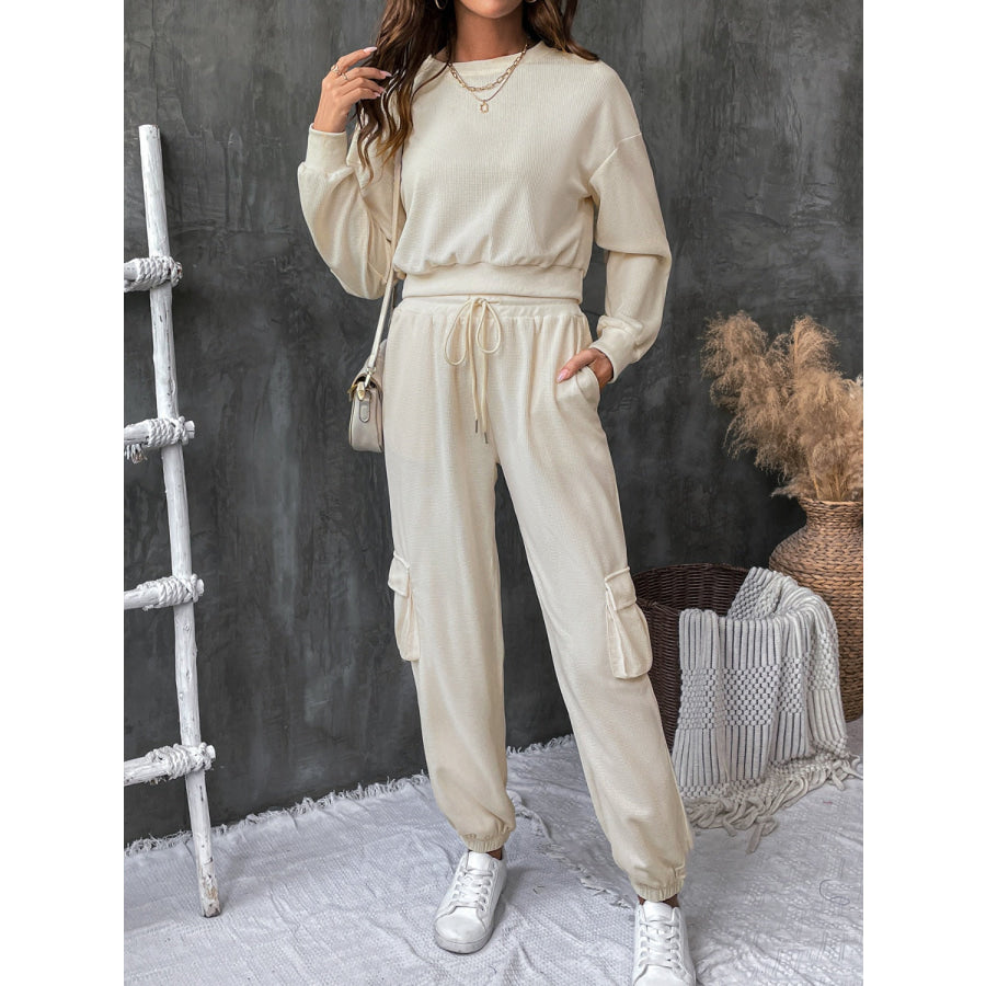 Round Neck Long Sleeve Top and Pants Set Cream / S Apparel and Accessories