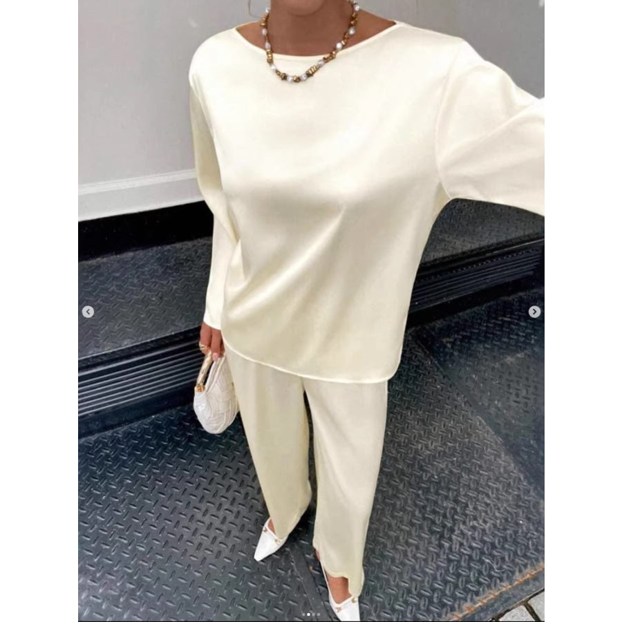 Round Neck Long Sleeve Top and Pants Set Cream / S Apparel Accessories