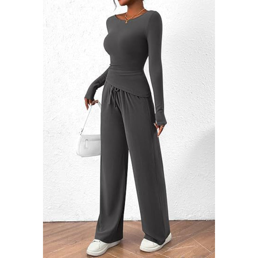 Round Neck Long Sleeve Top and Pants Set Dark Gray / XS Apparel and Accessories