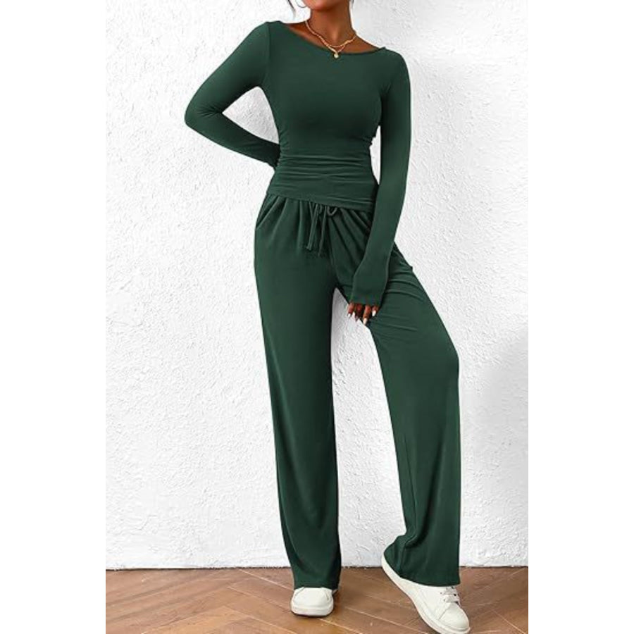 Round Neck Long Sleeve Top and Pants Set Dark Green / XS Apparel and Accessories