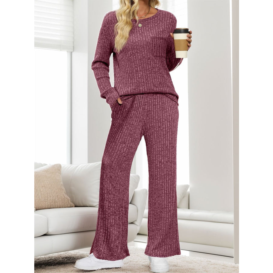 Round Neck Long Sleeve Top and Pants Set Deep Purple / S Apparel and Accessories