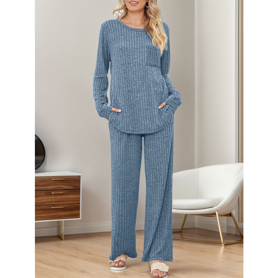 Round Neck Long Sleeve Top and Pants Set Dusty Blue / S Apparel and Accessories