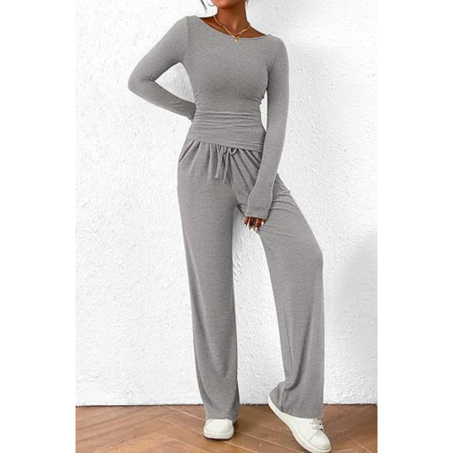 Round Neck Long Sleeve Top and Pants Set Gray / XS Apparel and Accessories