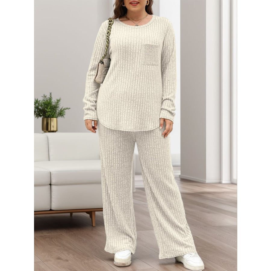 Round Neck Long Sleeve Top and Pants Set Ivory / S Apparel and Accessories