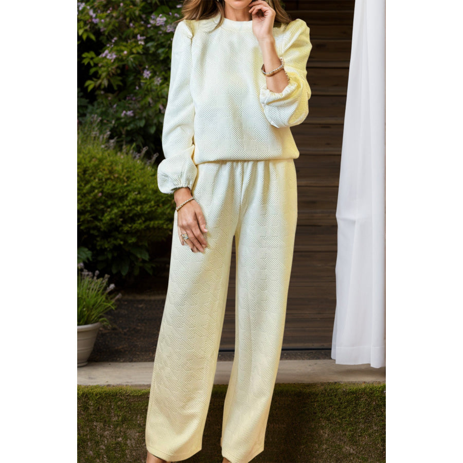 Round Neck Long Sleeve Top and Pants Set Ivory / S Apparel and Accessories