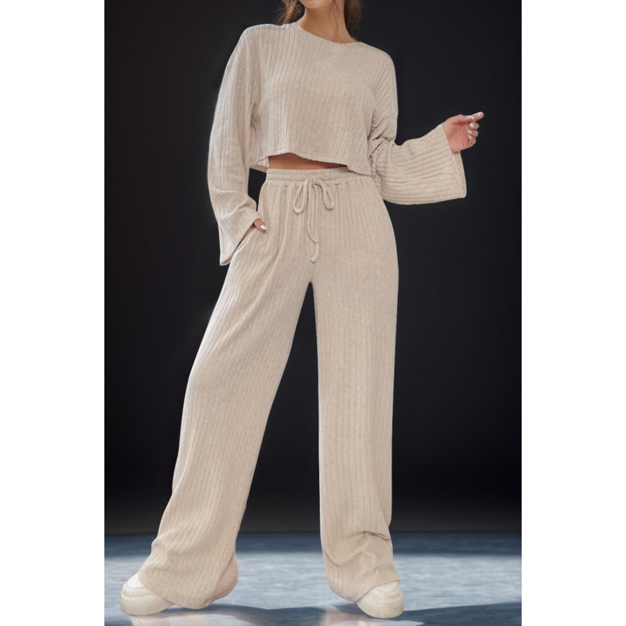 Round Neck Long Sleeve Top and Pants Set Khaki / M Apparel Accessories