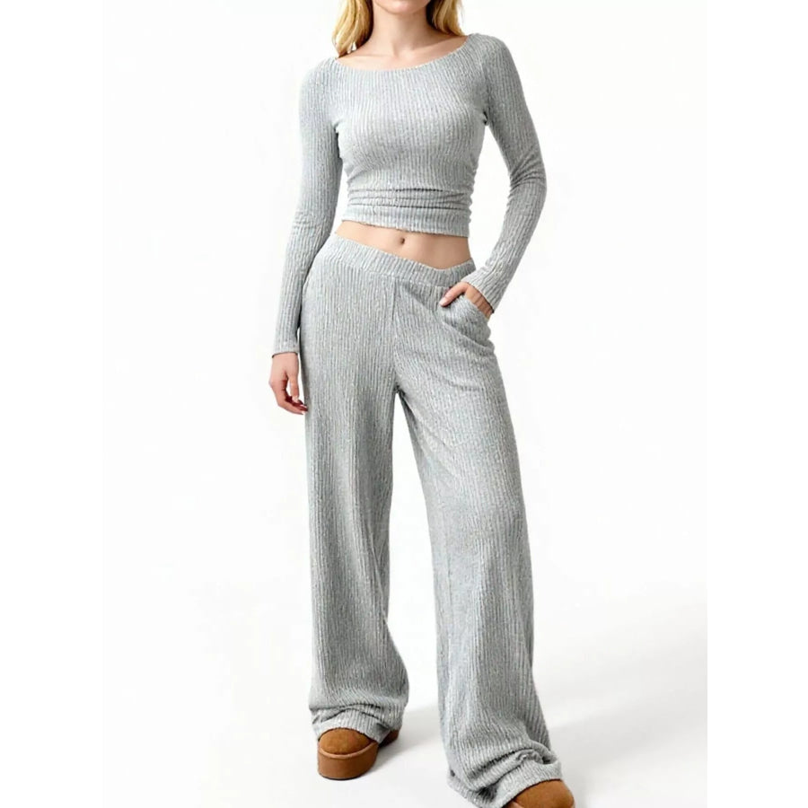 Round Neck Long Sleeve Top and Pants Set Light Gray / S Apparel and Accessories