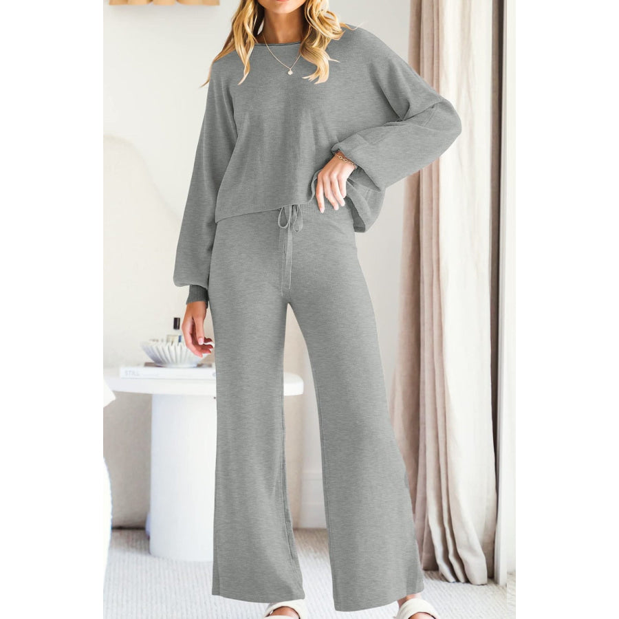 Round Neck Long Sleeve Top and Pants Set Light Gray / S Apparel and Accessories