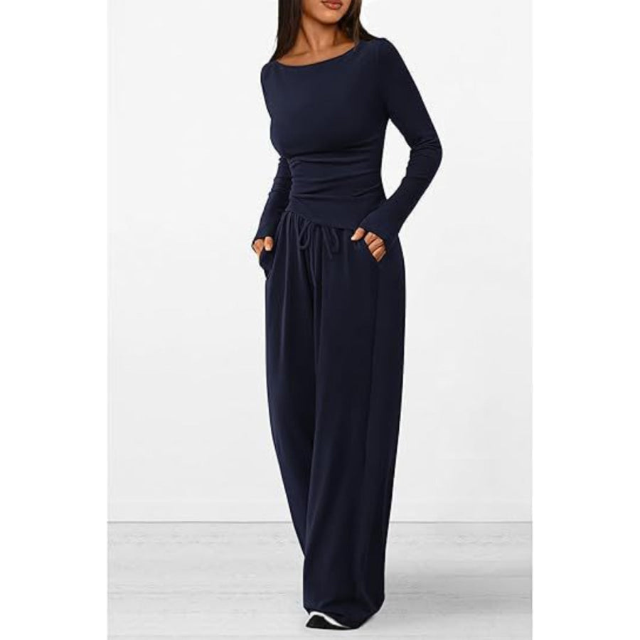 Round Neck Long Sleeve Top and Pants Set Navy / XS Apparel and Accessories