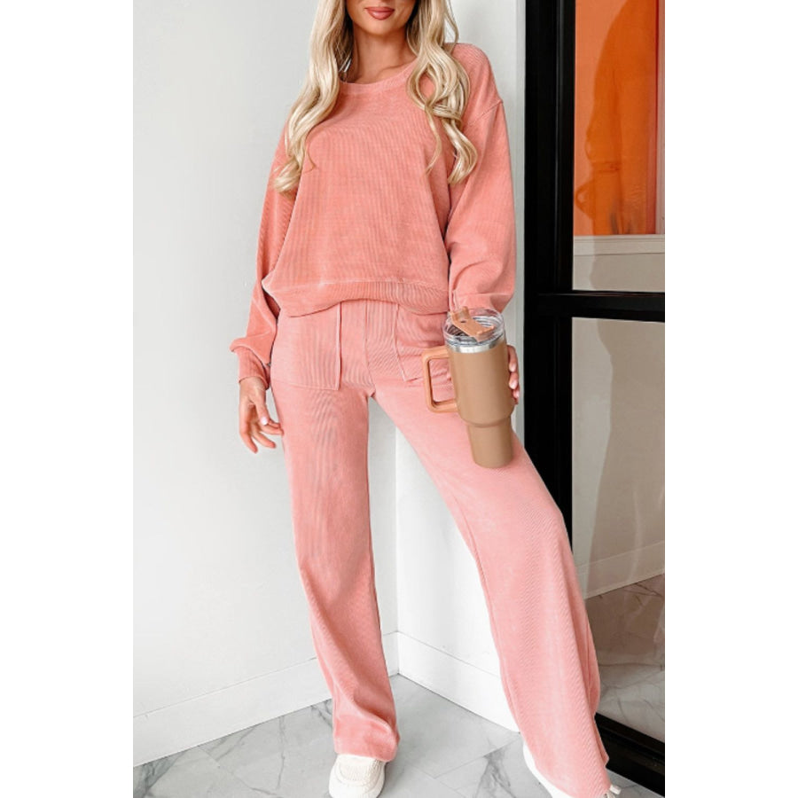 Round Neck Long Sleeve Top and Pants Set Pink / S Apparel and Accessories