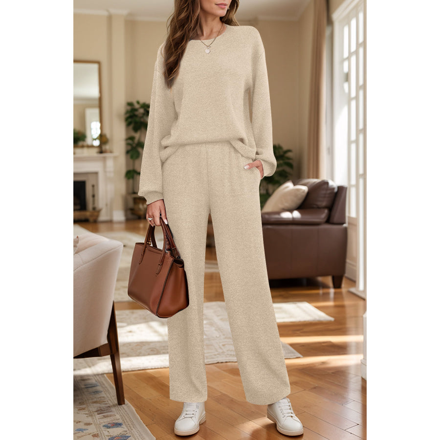 Round Neck Long Sleeve Top and Pants Set Tan / S Apparel and Accessories