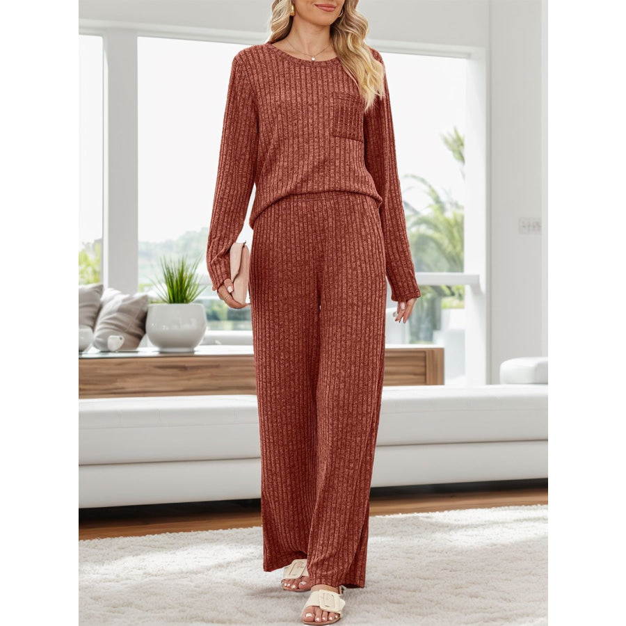 Round Neck Long Sleeve Top and Pants Set Terracotta / S Apparel and Accessories