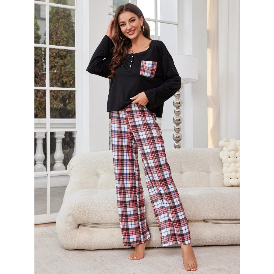 Round Neck Long Sleeve Top and Plaid Pants Lounge Set Apparel and Accessories