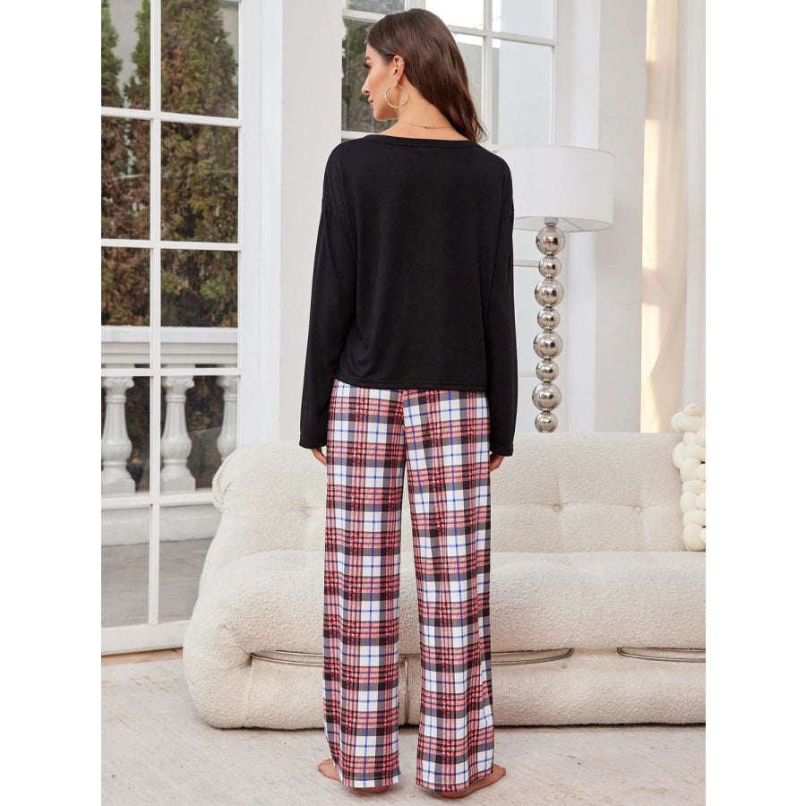 Round Neck Long Sleeve Top and Plaid Pants Lounge Set Apparel and Accessories