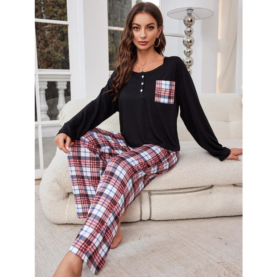 Round Neck Long Sleeve Top and Plaid Pants Lounge Set Apparel and Accessories