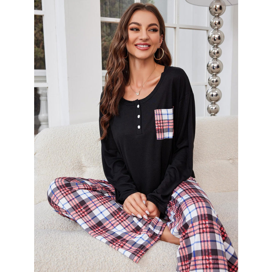 Round Neck Long Sleeve Top and Plaid Pants Lounge Set Apparel and Accessories