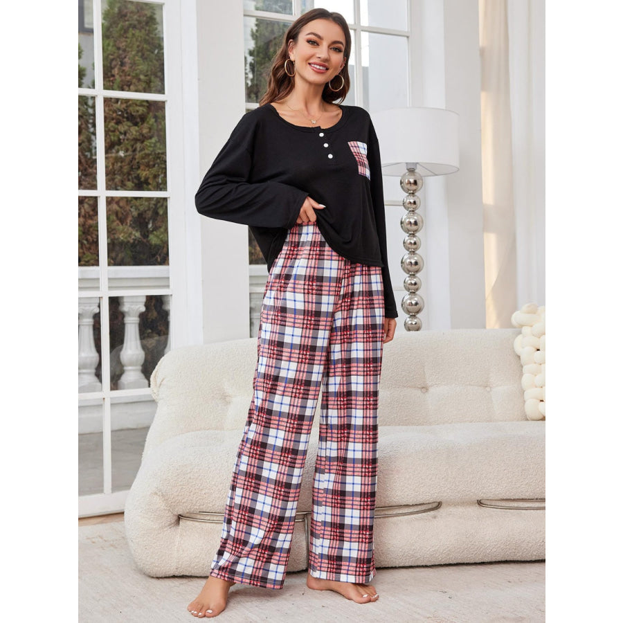 Round Neck Long Sleeve Top and Plaid Pants Lounge Set Apparel and Accessories