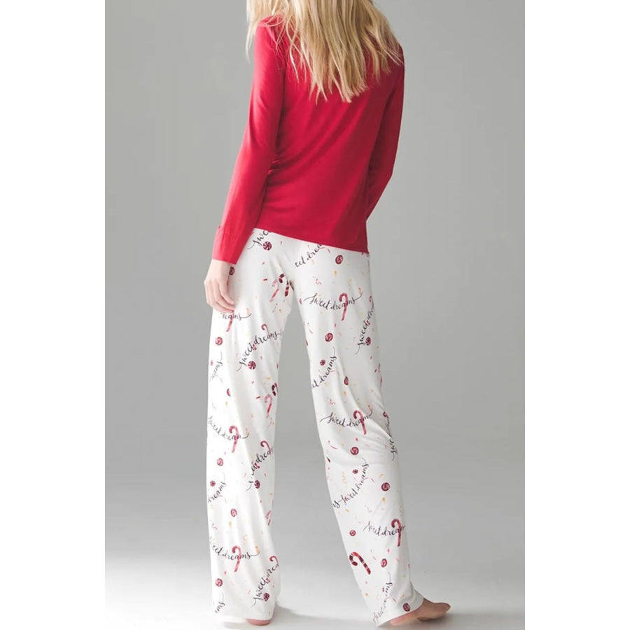 Round Neck Long Sleeve Top and Printed Pants Lounge Set Apparel and Accessories