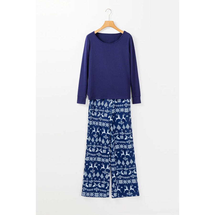 Round Neck Long Sleeve Top and Printed Pants Lounge Set Navy / S Apparel and Accessories