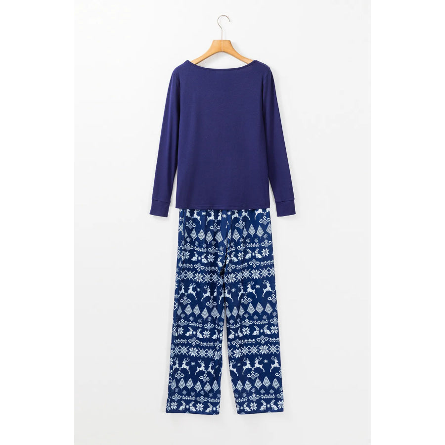 Round Neck Long Sleeve Top and Printed Pants Lounge Set Apparel and Accessories