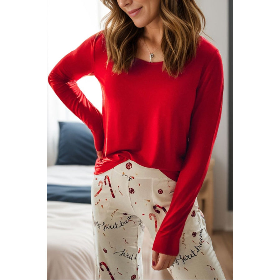 Round Neck Long Sleeve Top and Printed Pants Lounge Set Deep Red / S Apparel and Accessories