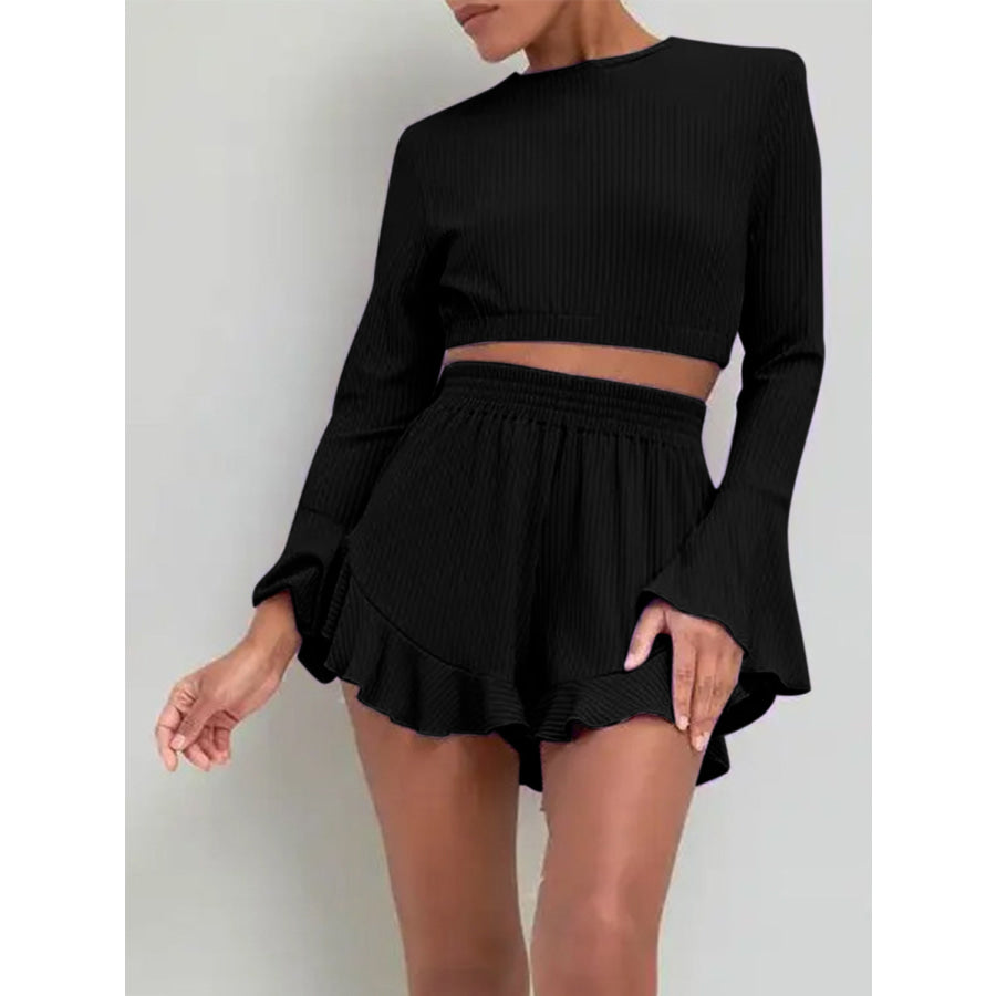 Round Neck Long Sleeve Top and Ruffled Shorts Set Apparel and Accessories