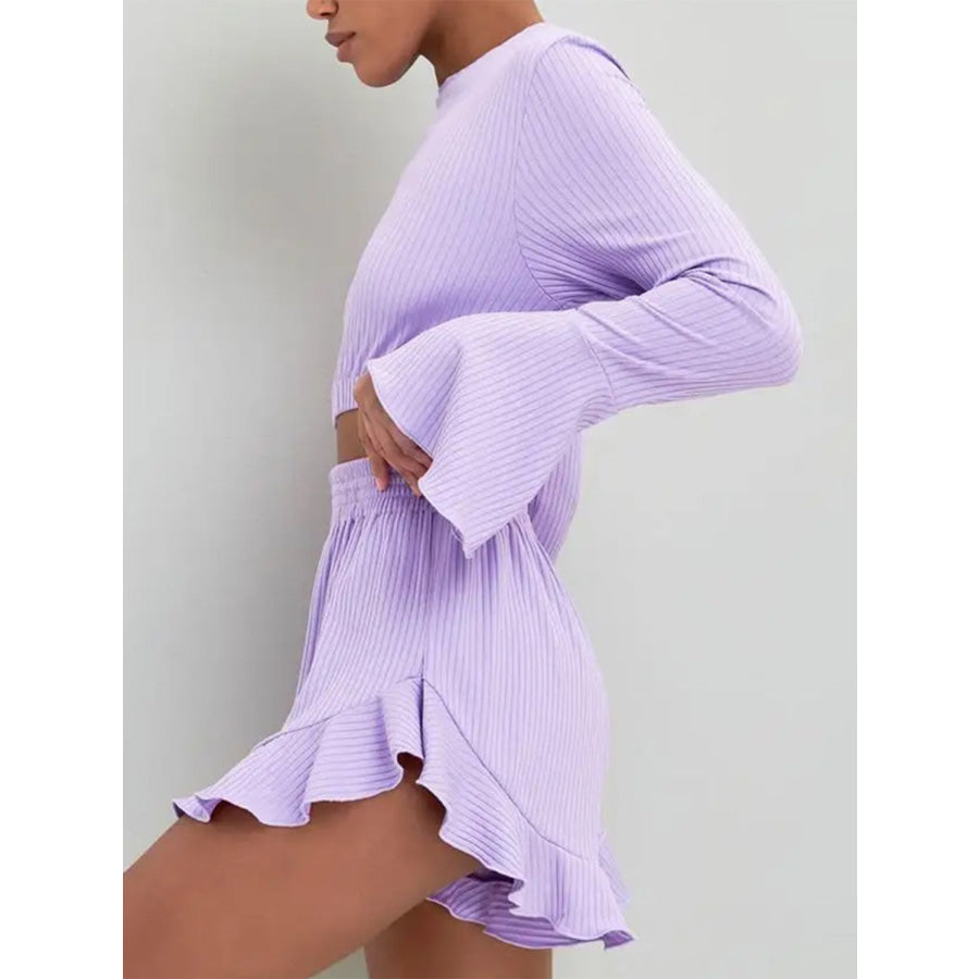 Round Neck Long Sleeve Top and Ruffled Shorts Set Apparel and Accessories