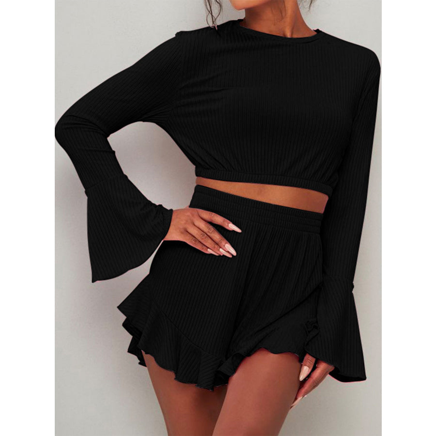 Round Neck Long Sleeve Top and Ruffled Shorts Set Black / S Apparel and Accessories