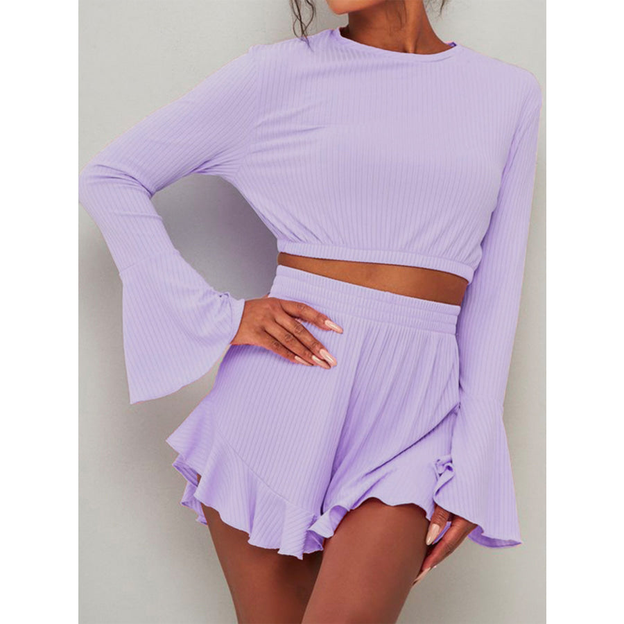 Round Neck Long Sleeve Top and Ruffled Shorts Set Lavender / S Apparel and Accessories