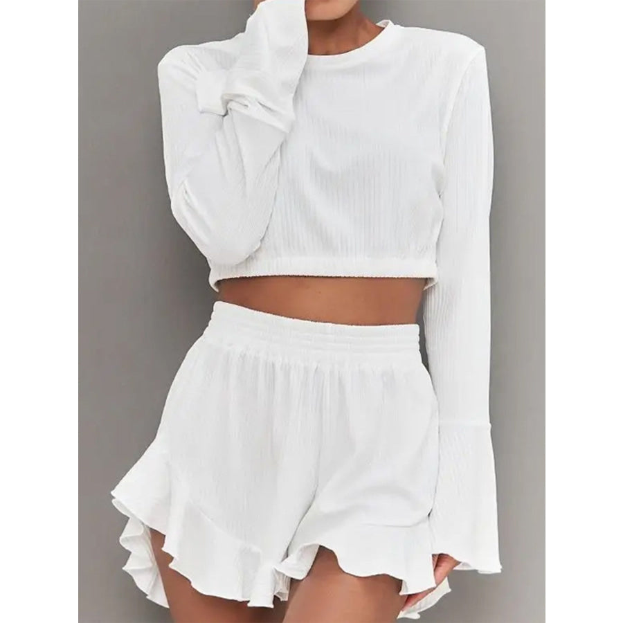 Round Neck Long Sleeve Top and Ruffled Shorts Set White / S Apparel and Accessories