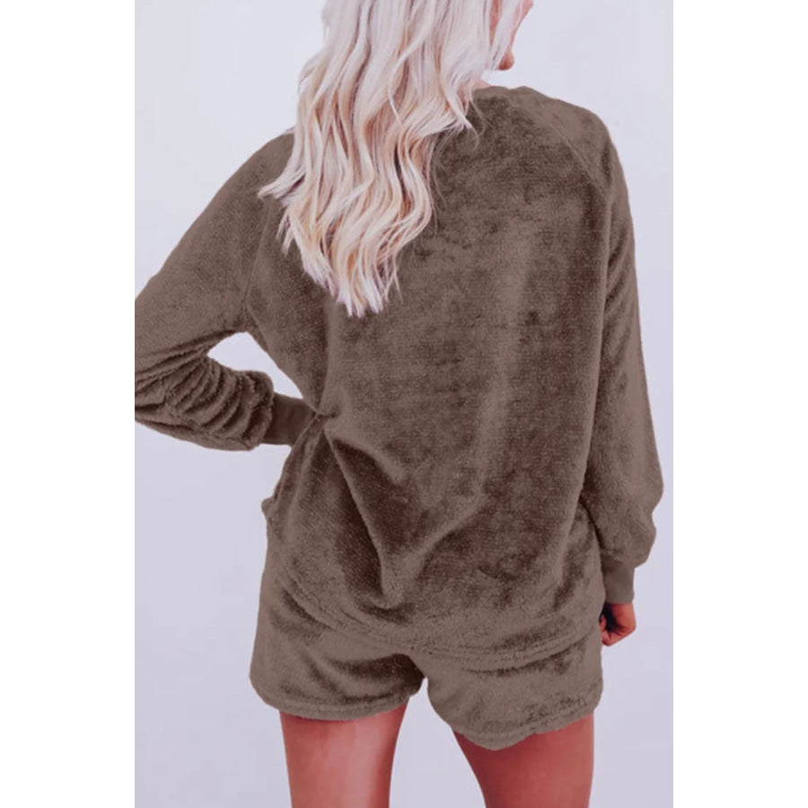 Round Neck Long Sleeve Top and Shorts Lounge Set Apparel and Accessories