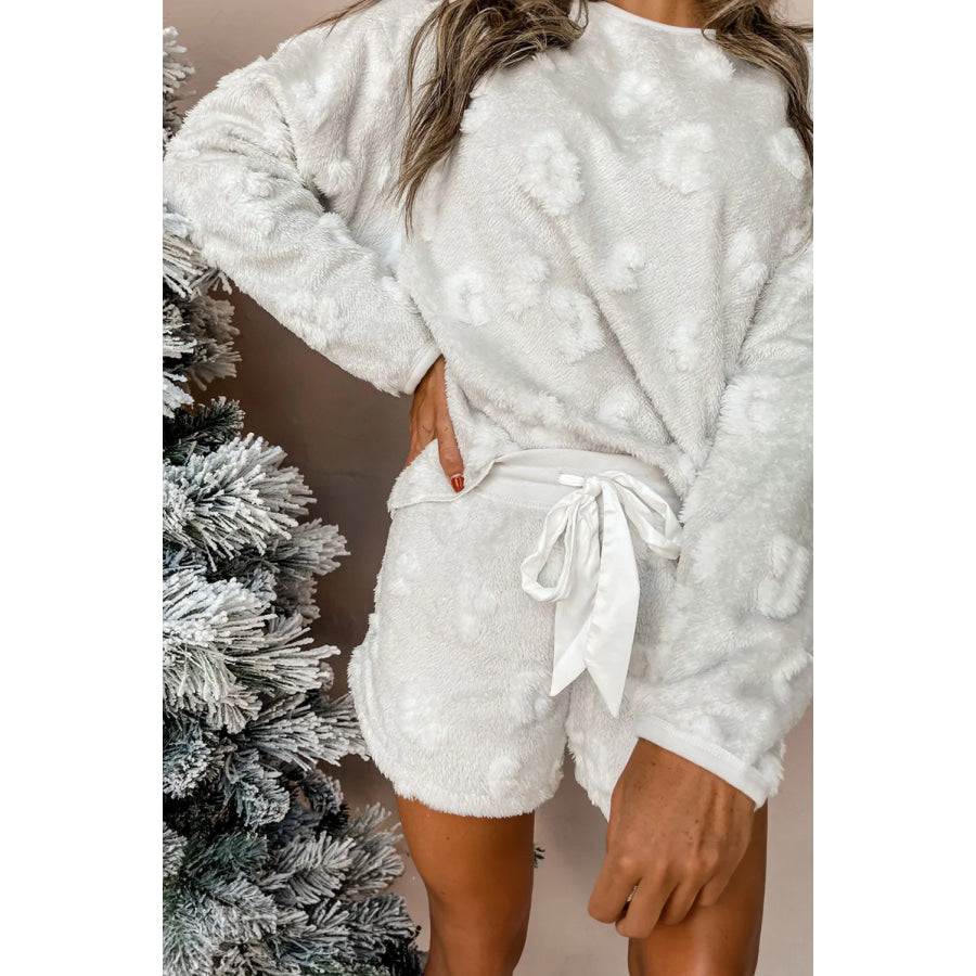 Round Neck Long Sleeve Top and Shorts Lounge Set White / S Apparel and Accessories