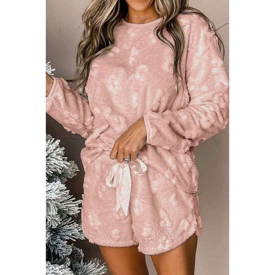 Round Neck Long Sleeve Top and Shorts Lounge Set Blush Pink / M Apparel and Accessories