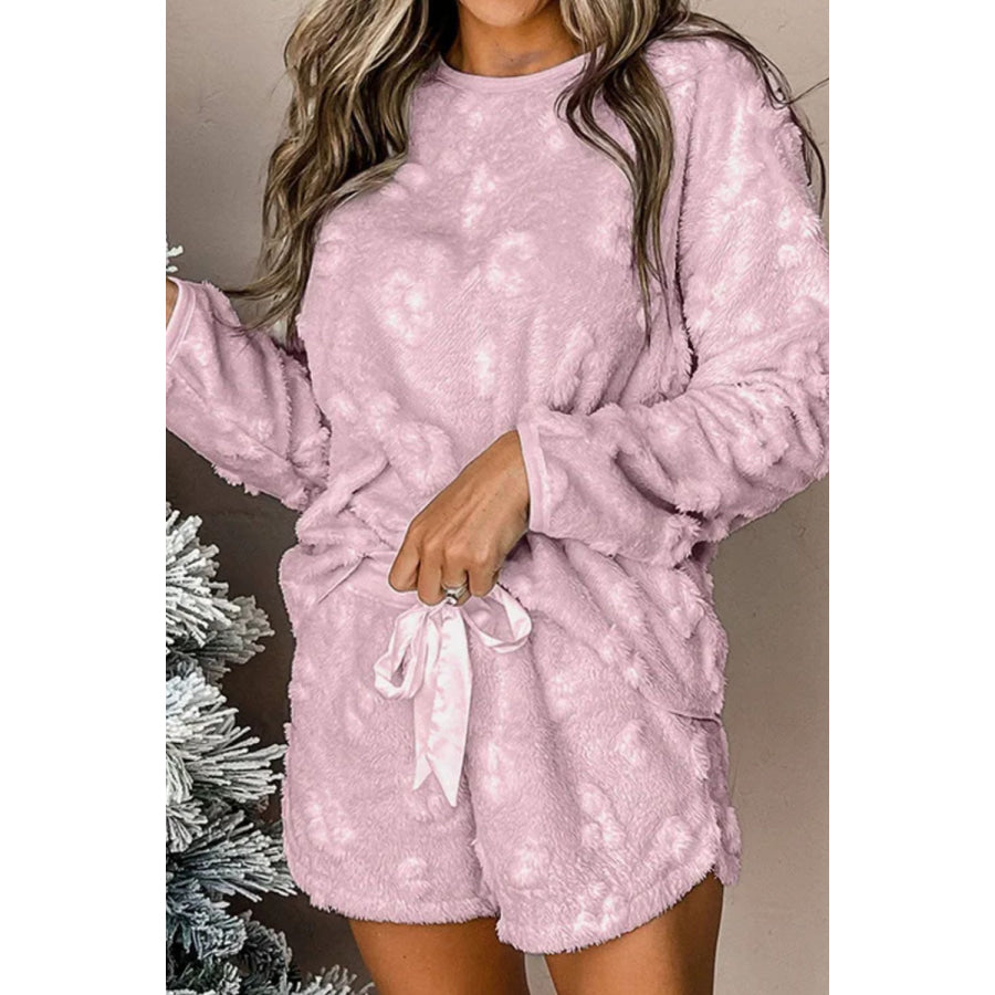 Round Neck Long Sleeve Top and Shorts Lounge Set Pink Purple / S Apparel and Accessories