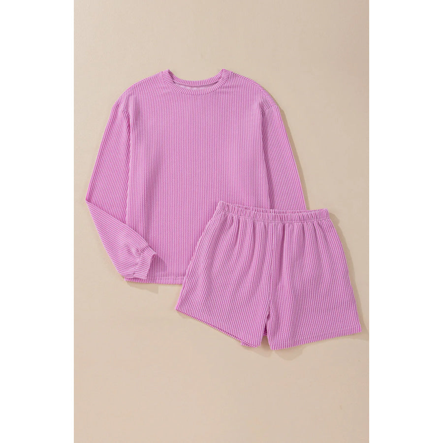 Round Neck Long Sleeve Top and Shorts Set Apparel and Accessories