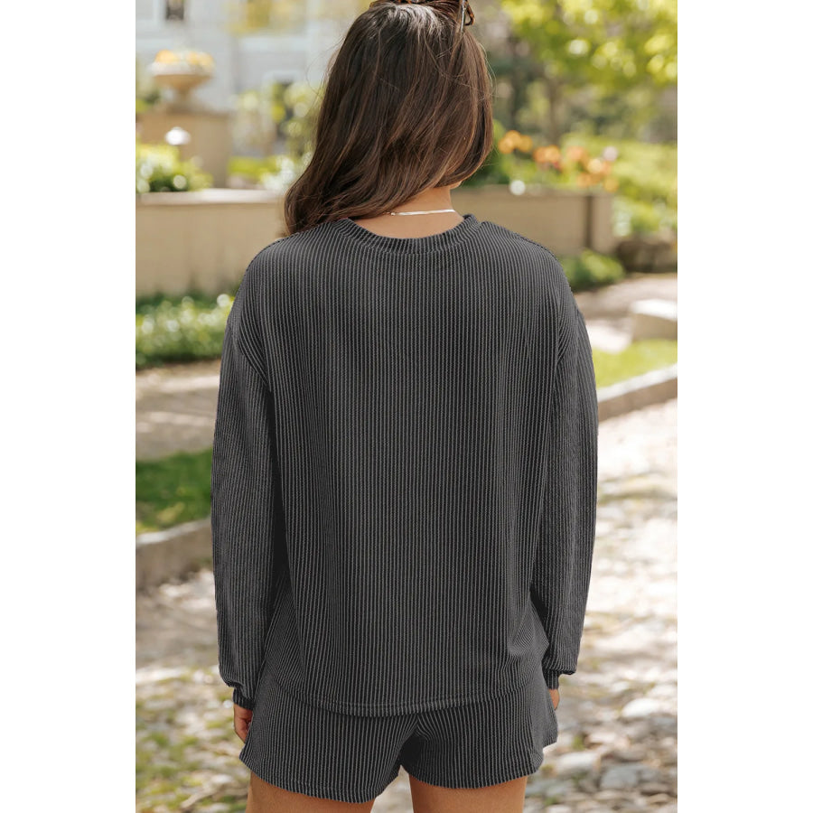 Round Neck Long Sleeve Top and Shorts Set Apparel and Accessories