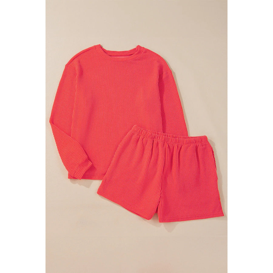 Round Neck Long Sleeve Top and Shorts Set Apparel and Accessories