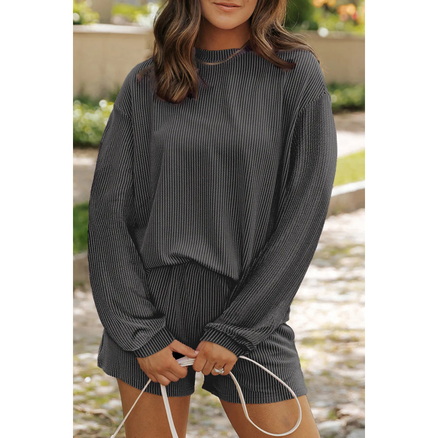 Round Neck Long Sleeve Top and Shorts Set Black / S Apparel and Accessories