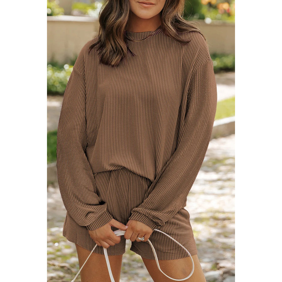 Round Neck Long Sleeve Top and Shorts Set Brown / S Apparel and Accessories