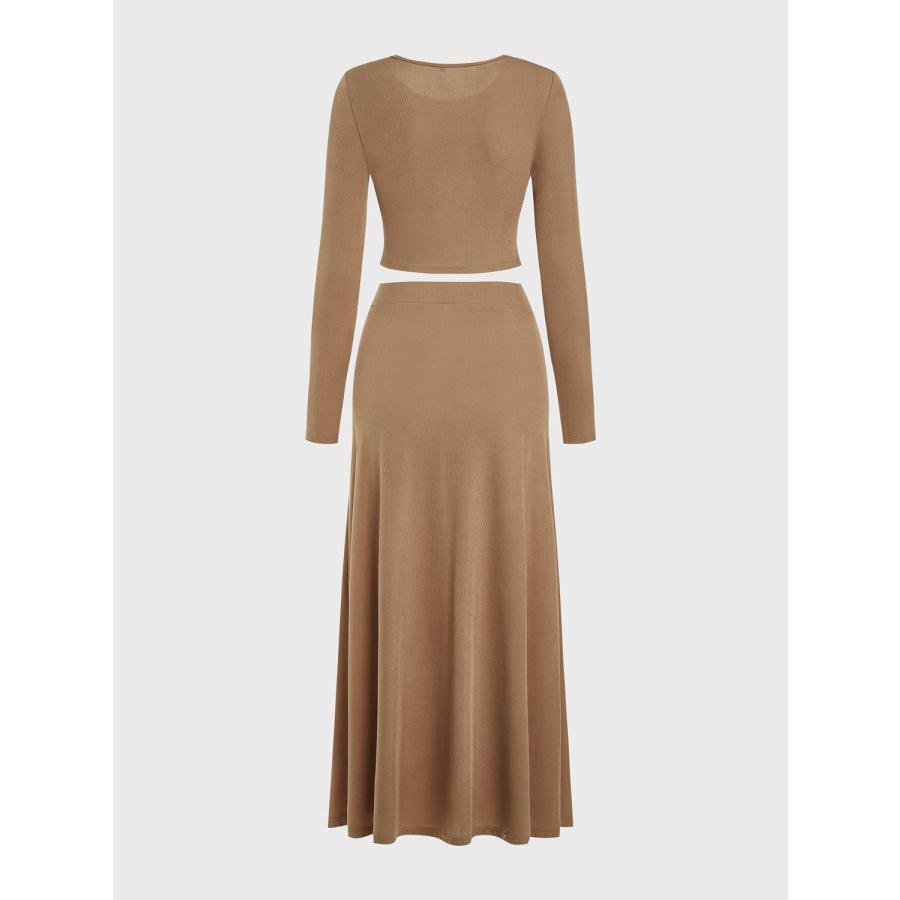 Round Neck Long Sleeve Top and Skirt Set Camel / S Apparel and Accessories