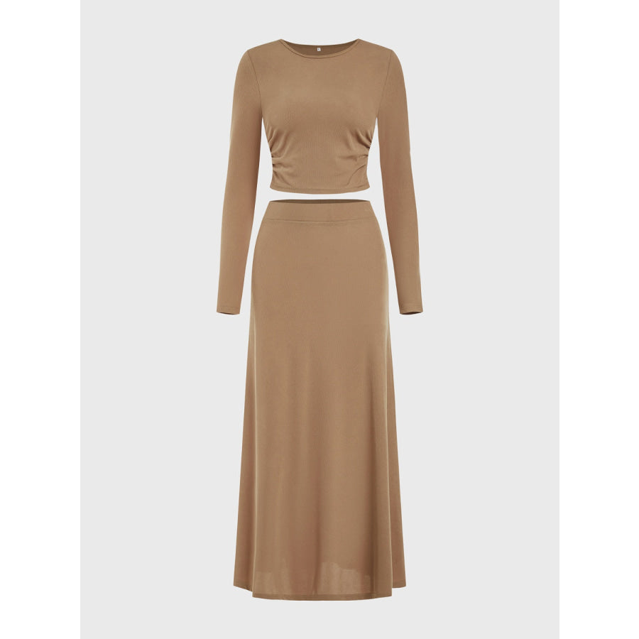 Round Neck Long Sleeve Top and Skirt Set Camel / S Apparel and Accessories