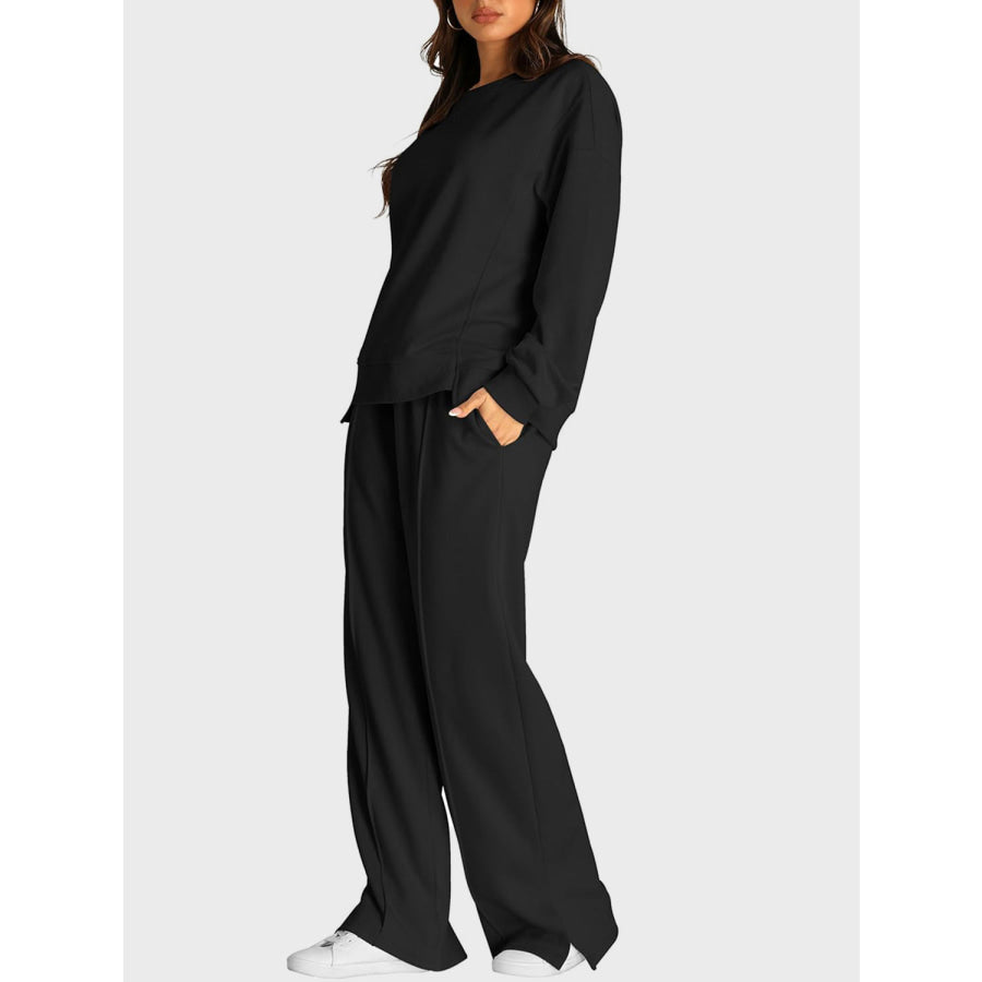 Round Neck Long Sleeve Top and Slit Pants Set Apparel and Accessories