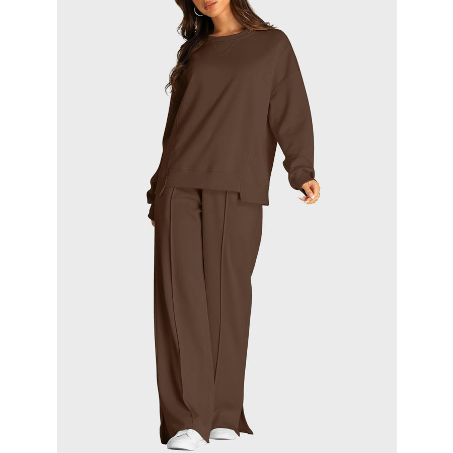 Round Neck Long Sleeve Top and Slit Pants Set Apparel and Accessories