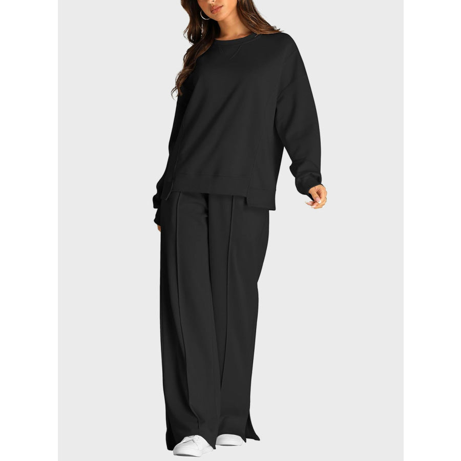 Round Neck Long Sleeve Top and Slit Pants Set Apparel and Accessories