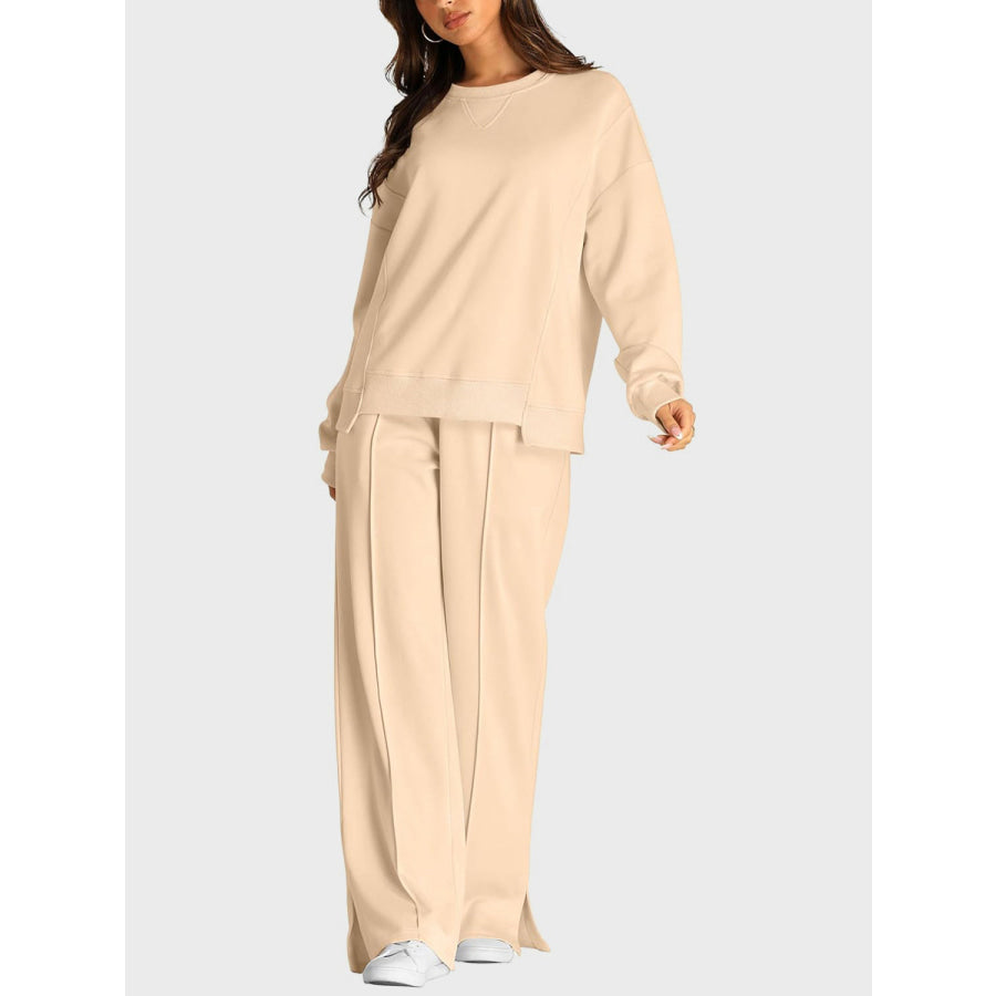 Round Neck Long Sleeve Top and Slit Pants Set Apparel and Accessories