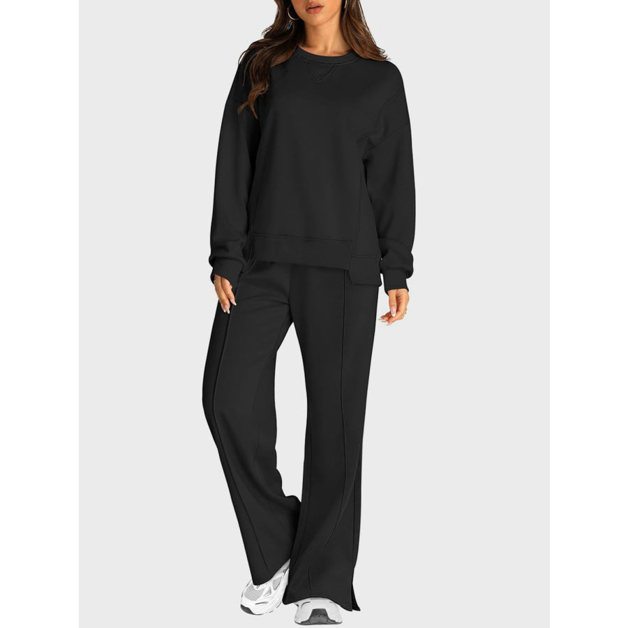 Round Neck Long Sleeve Top and Slit Pants Set Black / S Apparel and Accessories