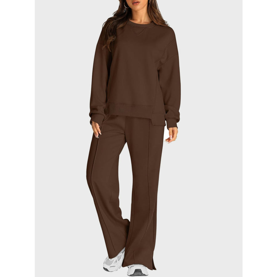 Round Neck Long Sleeve Top and Slit Pants Set Brown / S Apparel and Accessories