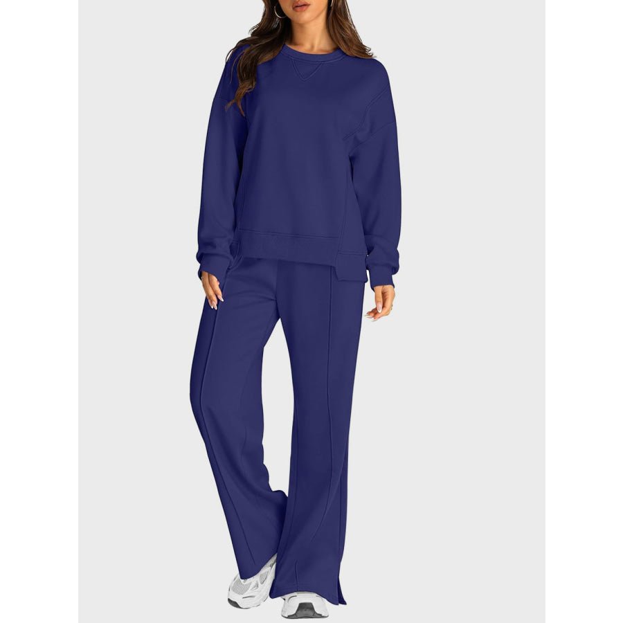 Round Neck Long Sleeve Top and Slit Pants Set Dark Blue / S Apparel and Accessories